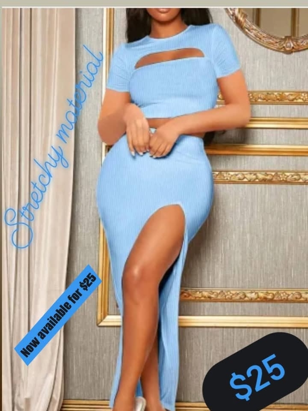 Blue Ribbed Skirt Set with High Slit - Women